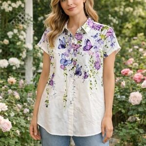 Flamingo Butterfly Floral Button Down Tunic Blouse NWT Cottagecore Boho